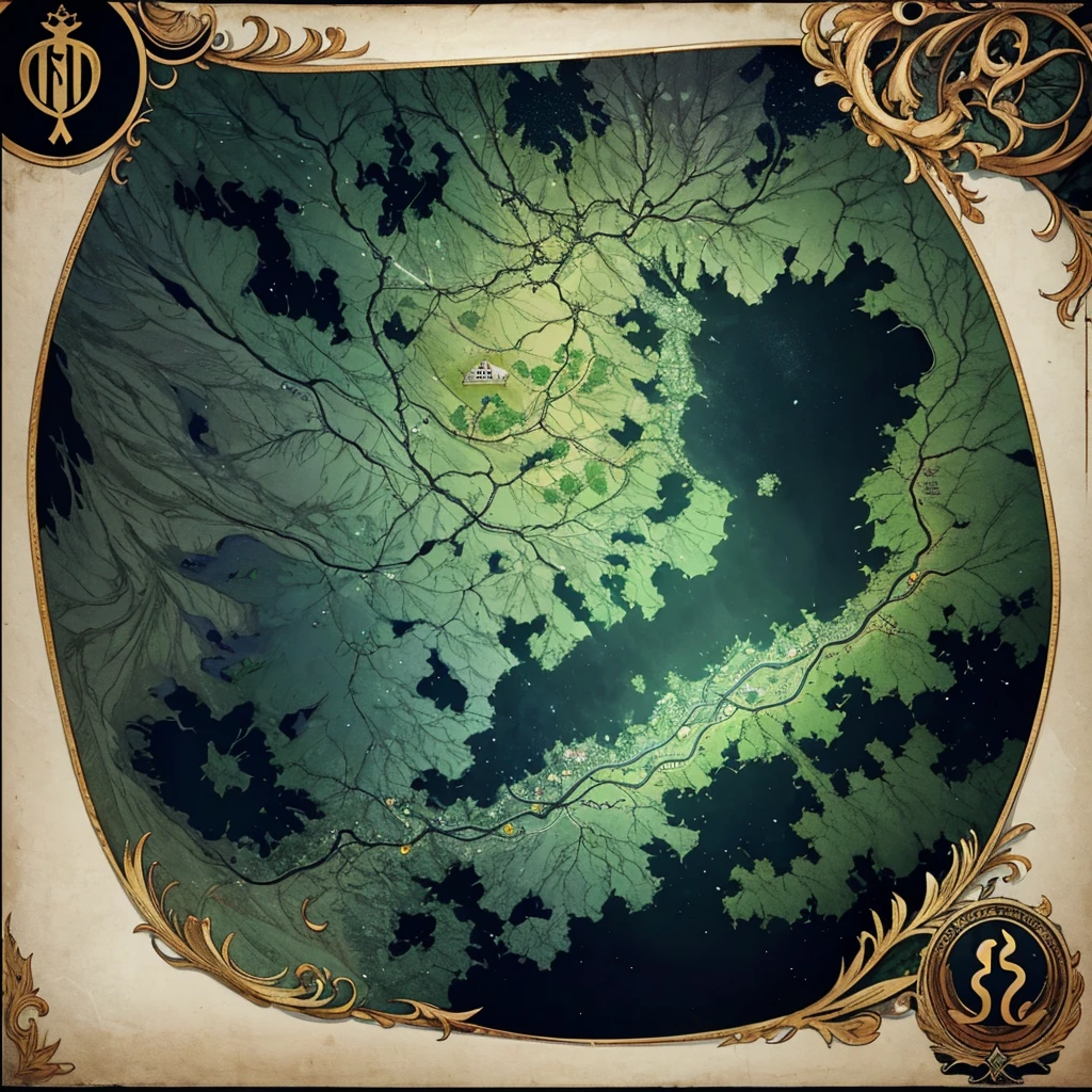 Geographic map of the dark impenetrable forest where monsters live and many secret unexplored places, only the brave men who drew the map enter there. The forest itself is shaped like a medium-sized country and does not have straight lines along the contour. It is known that several rivers flow through the forest area., there is a waterfall. The lake, which is also located in the forest, is filled with light., in its center stands a statue of the goddess patroness of magic. The map itself is very ancient
