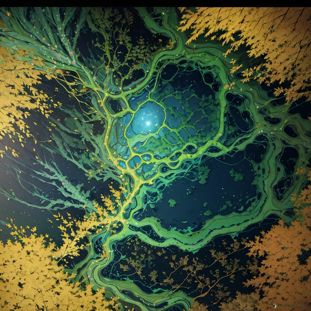 Geographic map of the dark impenetrable forest where monsters live and many secret unexplored places, only the brave men who drew the map enter there. The forest itself is shaped like a medium-sized country and does not have straight lines along the contour. It is known that several rivers flow through the forest area., there is a waterfall. The lake, which is also located in the forest, is filled with light., in its center stands a statue of the goddess patroness of magic. The map itself is very ancient