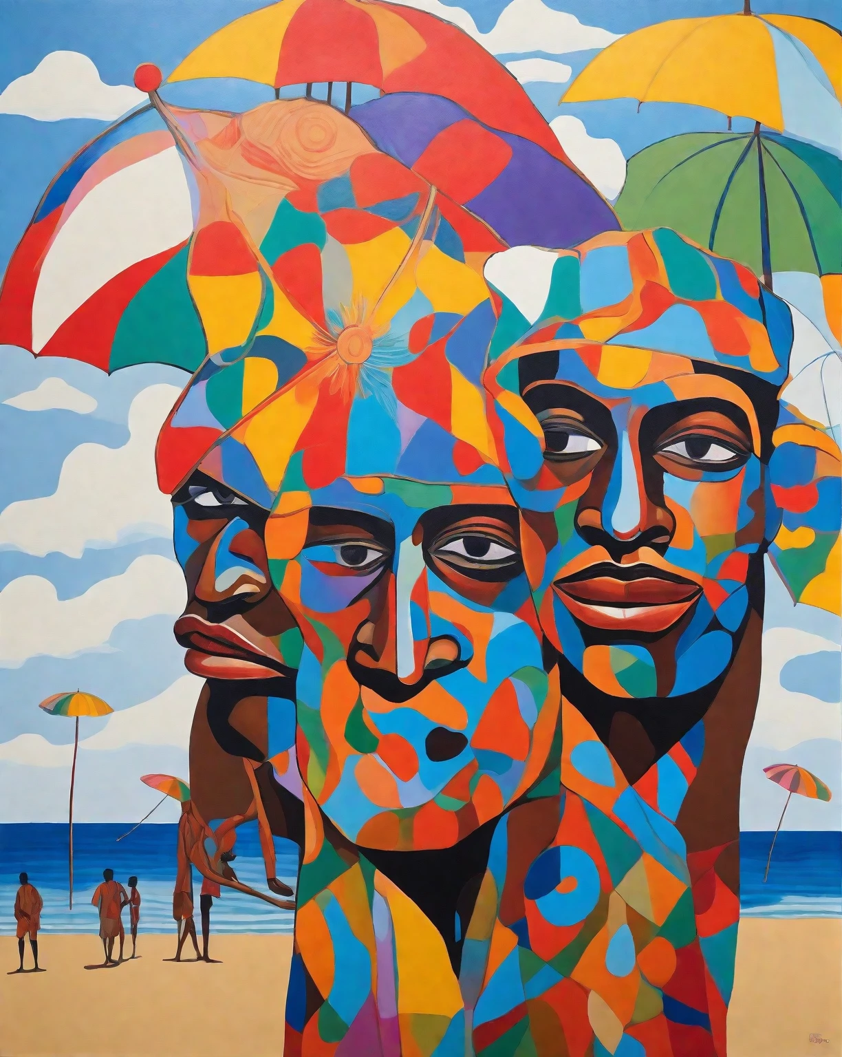 painting two man kissing on a beach with a colorful umbrella, inspired by francesco clemente, inspired by Ras Akyem, inspired by Camille-Pierre Pambu Bodo, inspired by Romare Bearden, inspired by Robert Colescott, inspired by Michel Kikoine, by Chinwe Chukwuogo-Roy, added detail
