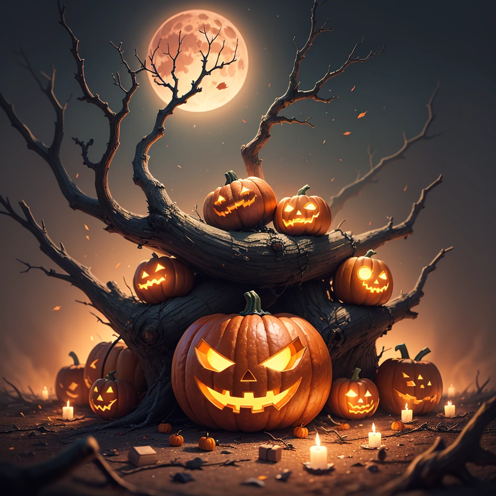 Halloween Poster, pumpkin, One, withered huge branches, Red Moon, Ray Tracing, Stacked treasure chests, the way