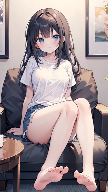 (masterpiece、Highest quality)、High resolution、Detailed face:1.2、anime(1.2)、Sharpness、4K、Private room、Sitting in an easy chair、、Two-dimensional beautiful girl、T-Shirts、Shorts、White skin、cute、Big Breasts、tits、barefoot、sole、Thick thighs、