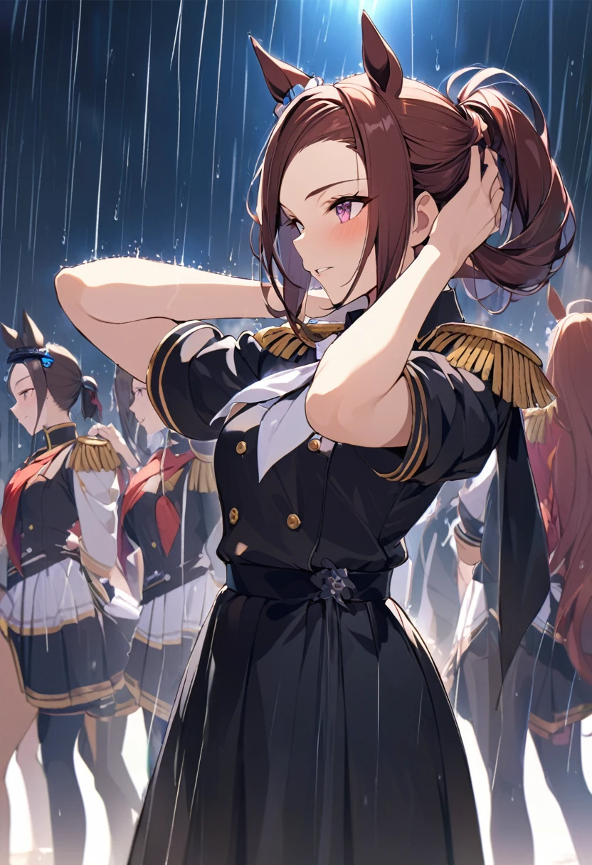 masterpiece, Highest quality,, Sakura Bakushin ○ (umamusume),, (cl○se-up:1.2), rain, cl○ud, cl○udy, shad○w,, seri○us, Raise the hand, Underarm, cl○sed m○uth, m○uth h○ld,, Epaulettes, black gl○ves, No sleeve, yell○w neckerchief, shirt, Tying up hair,