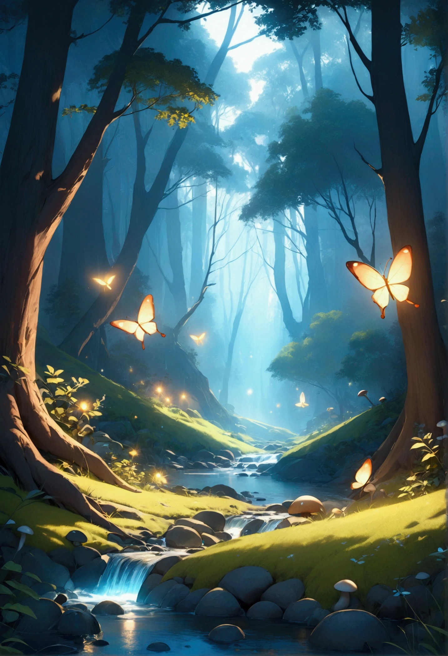 Masterpiece, best quality, (Very detailed CG unity 8k wallpaper.), (best quality), (best illustrations), (best shadow), forest theme with natural elements. Tall trees, quiet stream, glowing little mushrooms, surrounded by delicate leave and branch, with firefly and glowing particle effect,, (natural elements), (Forest theme), (leave), (branch), ( firefly), butterfly, (delicate leave), (glow), (particle effect). , 3D isometric, Octane rendering, Ray Tracing, Superb details