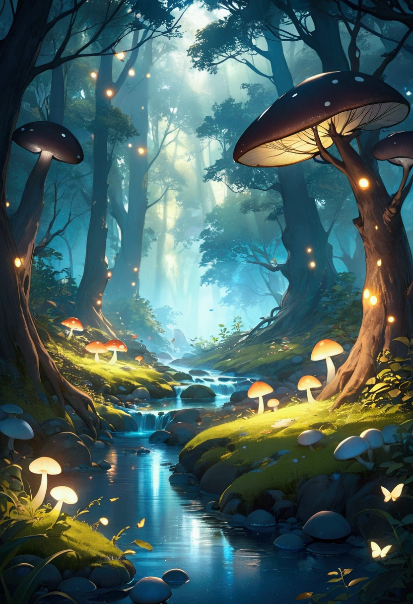 Masterpiece, best quality, (Very detailed CG unity 8k wallpaper.), (best quality), (best illustrations), (best shadow), forest theme with natural elements. Tall trees, quiet stream, glowing little mushrooms, surrounded by delicate leave and branch, with firefly and glowing particle effect,, (natural elements), (Forest theme), (leave), (branch), ( firefly), butterfly, (delicate leave), (glow), (particle effect). , 3D isometric, Octane rendering, Ray Tracing, Superb details
