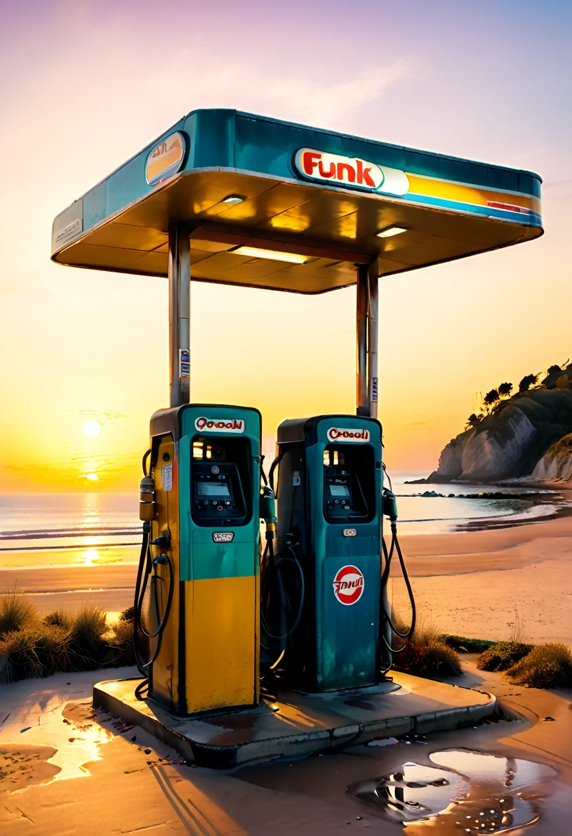 An atmospheric petrol station in a beach, in the golden hour. Funk Art.