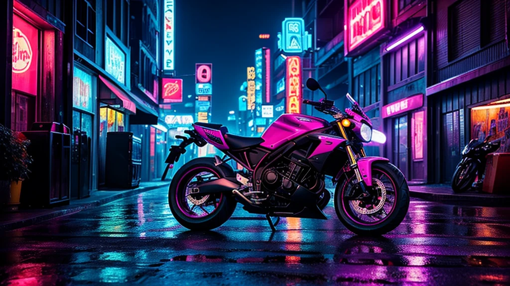 "Create a digital artwork vintage honda tiger motorcycle in a cyberpunk cityscape. The scene should be set at night with a sky colored in deep purple, illuminated by various neon lights in shades of pink, blue, and purple. The motorcycle should be positioned at a moderate distance from the viewer, not too close but clearly visible, with its sleek design and tail lights glowing brightly. The street should be wet, reflecting the vibrant neon lights from the surroundings. The background should feature an urban setting with blurred neon signs, streetlights, and building silhouettes, creating a moody and immersive cyberpunk atmosphere."

