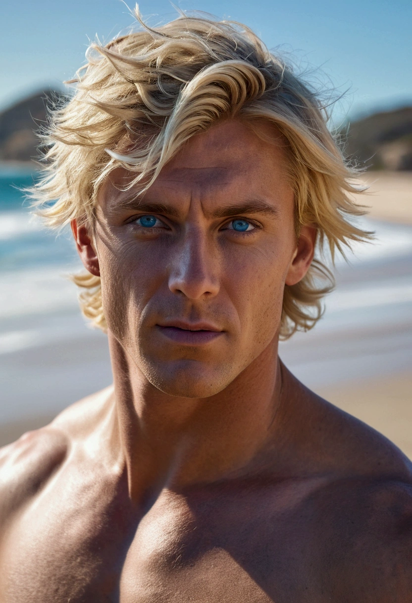 A beautiful and stunning Australian man, blue colored eyes, short light blonde hair, messy and windy, shaking hair, close up zoomed in tight cropped portrait, walking on a beach, shirtless, showing defined but not exaggerated muscles, photorealistic, best quality, color grading, skin detailed, intricate, 8k resolution, HDR, cinematic lighting, sharp focus.