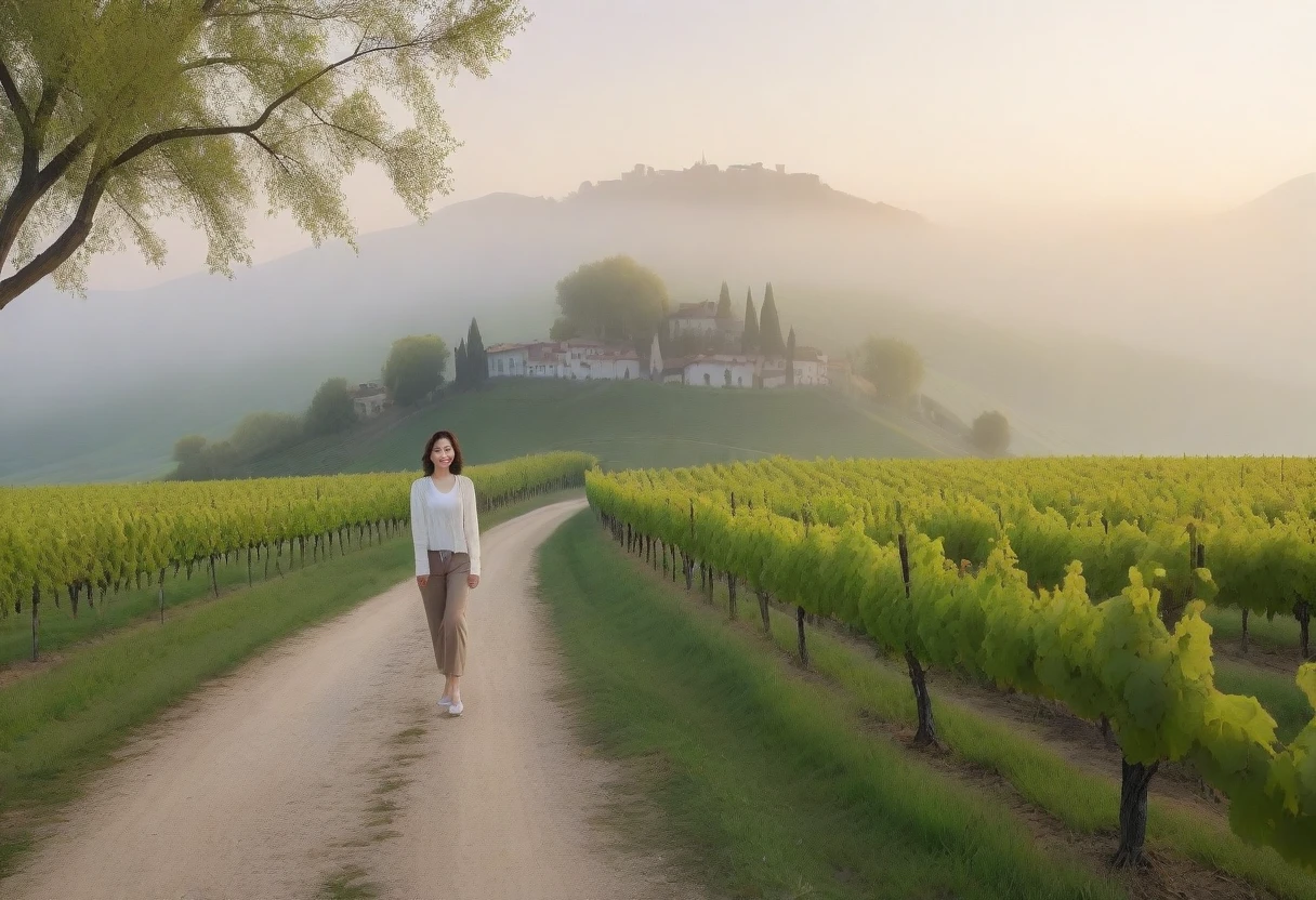 8k best picture quality, Beautiful 36-year-old Korean woman, Chest size 34 inches, northern italy dawn, View of the cathedral next to the vineyards, The back background is realistic and vivid quality., short medium hair, white shirt and cardigan, Wear casual pants, Smile slightly. the background is clear, look up to the side. cottonwood tree-lined hill, A path with a curved end, Looking at a vineyard covered in thick fog