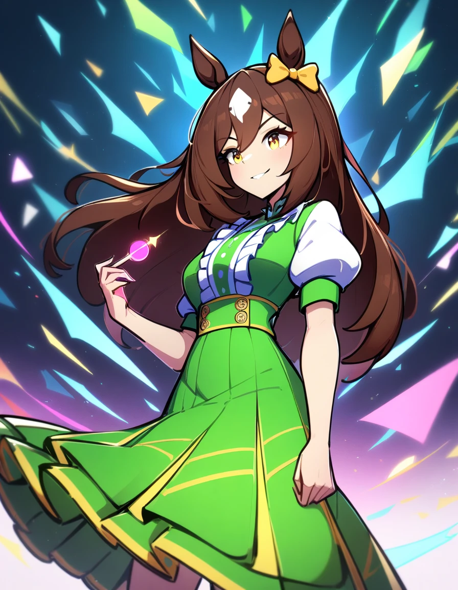 1 girl, standing alone, umamusume, horse girl, Horse Ears, hypdertailed, eyes browns, chestnut hair, long hair, drlight smile, ear bow, skirt with ruffles, green skirt, High-waisted Skirt, puffy short sleeves, fine tune, 苗条, (Japanese:0.8)