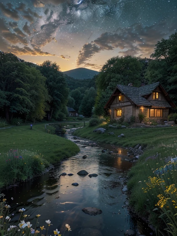 A breathtaking night view of a serene valley, featuring a charming, cozy house with warm, glowing lights, nestled beside a gently flowing stream. The scene is adorned with lush, long grass and a variety of colorful wildflowers along the stream's edge, under a starlit sky with a clear Milky Way