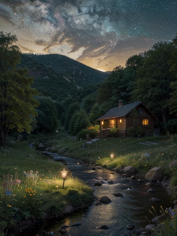 A breathtaking night view of a serene valley, featuring a charming, cozy house with warm, glowing lights, nestled beside a gently flowing stream. The scene is adorned with lush, long grass and a variety of colorful wildflowers along the stream's edge, under a starlit sky with a clear Milky Way