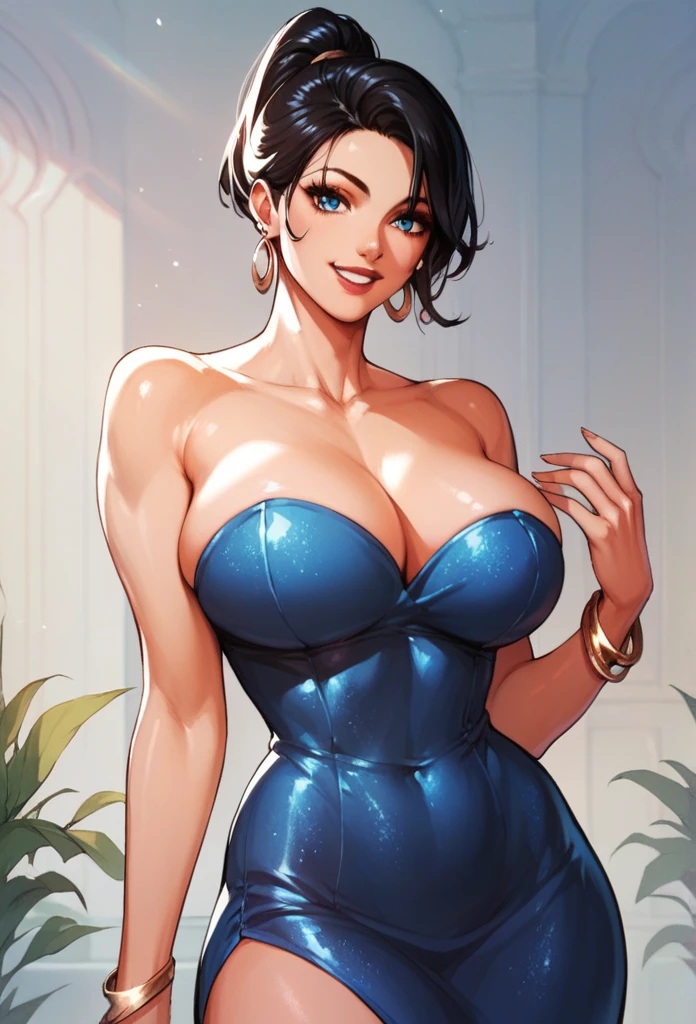  nari , blue eyes, black hair, short hair, big breasts,big silver cluster. earrings ,hair ponytail , lipstick , strapless blue dress, bracelet, smiling 