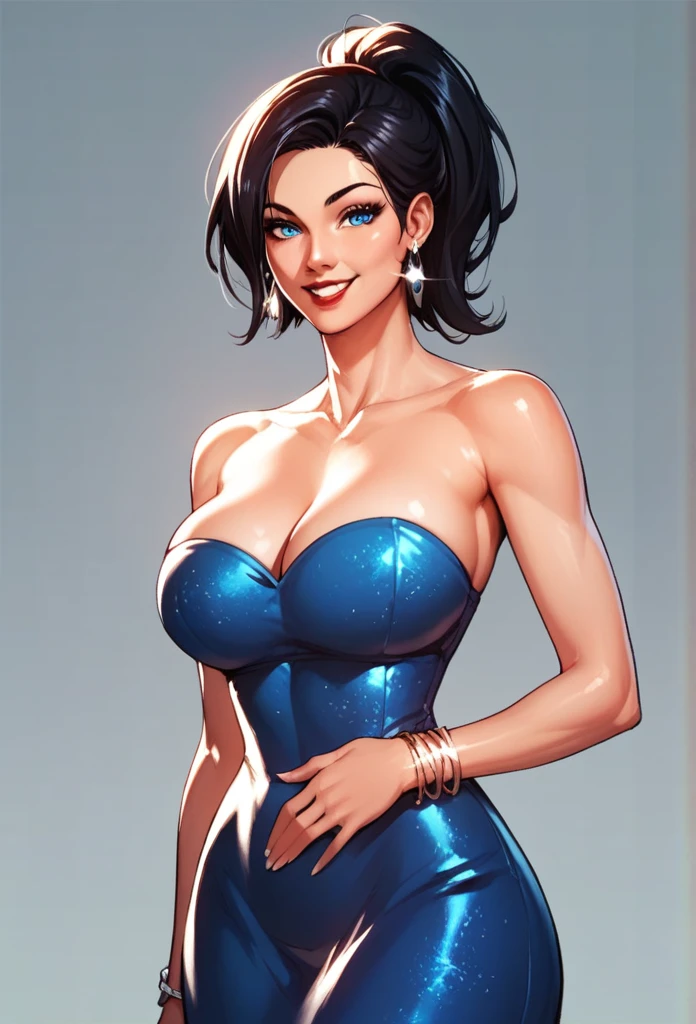 nari , blue eyes, black hair, short hair, ,big silver cluster. earrings ,hair ponytail , lipstick , strapless blue dress, bracelet, smiling