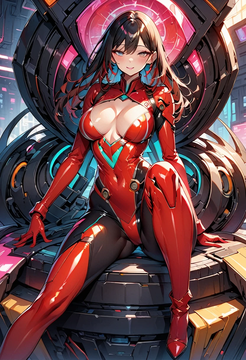 One young and beautiful woman,(Highest quality,Extremely detailed depiction,Incredibly absurd high resolution,Anatomically accurate depiction,Curvy Legs,Detailed pupil),(Glowing Skin,Shiny skin),(A futuristic AI navigator),(Complex Mechanical Body Suit:1.3,Very strong gloss,Futuristic costumes,latex,Electronic Being),eyelash,(Silver Eyes,Crazy Eyes,There is cleavage in the chest,A seductive smile,Glossy Lips,Flashy makeup,eye shadow,eyeliner,mascara,Seductive gestures,Half-closed eyes:1.1),whole body,background:Electronic World