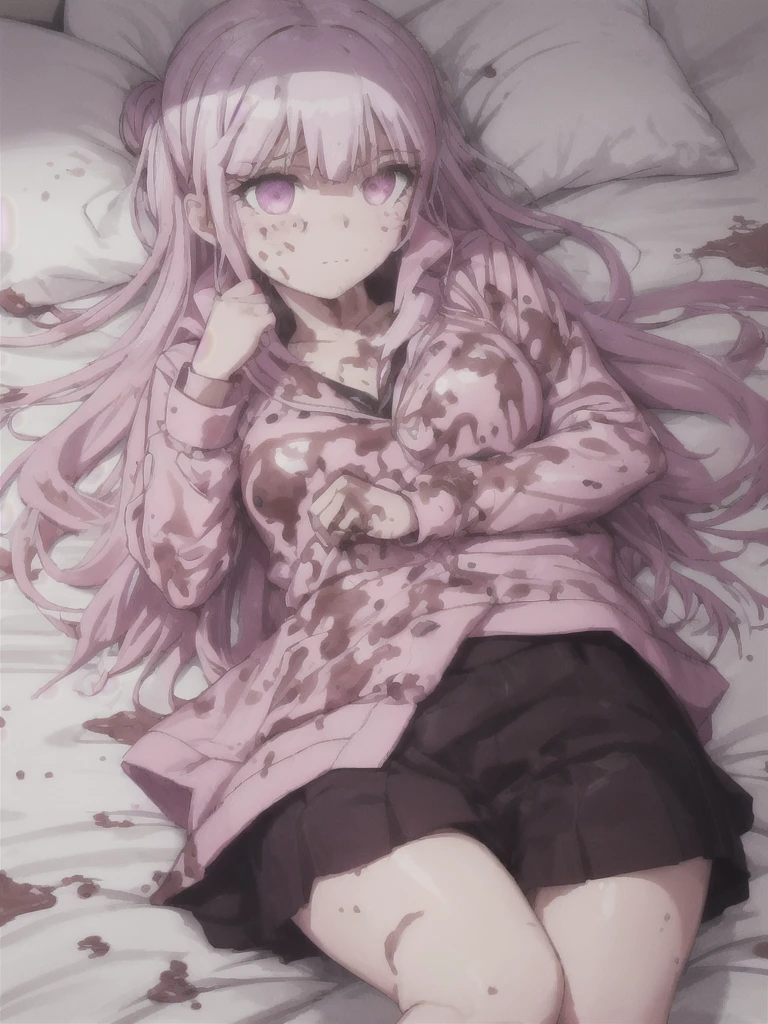 a girl laying in bed, kyoko kirigiri, wearing a pink shiny buttoned raincoat, ((muddy clothes)), covered in mud, mud splatters, embarrassed expression on her face