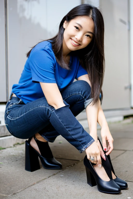 25 years old, girl, blue shirt, black skinny jeans, black blonde hair, indonesian girl, smile, with heel