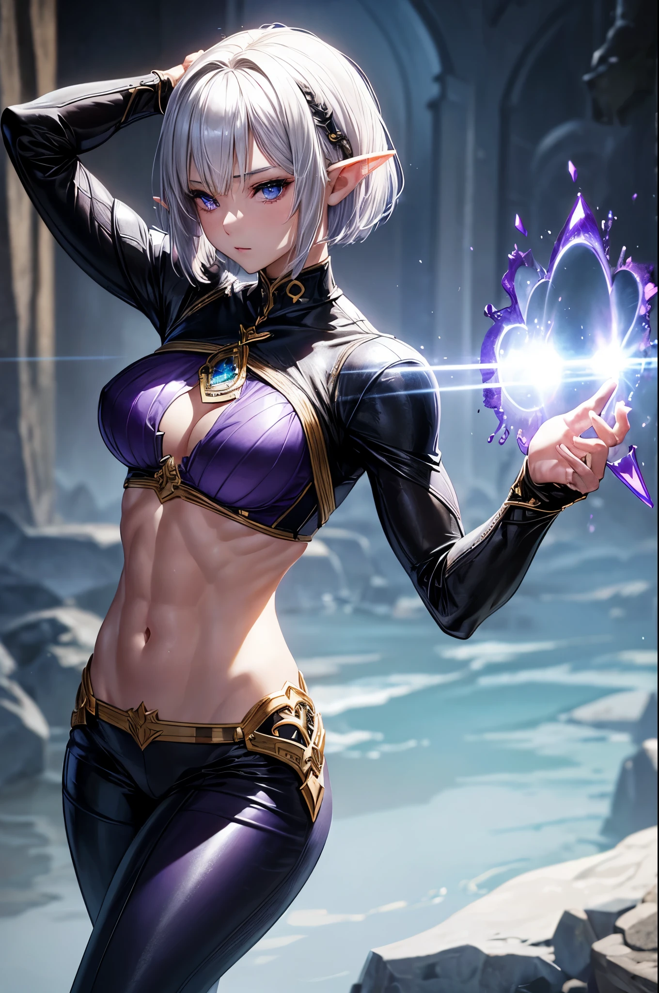 8k、Blonde short bob hair elf、Super Beauty(Realistic)、Alafeid woman dressed in purple and black、Ultra-detailed fantasy characters、3D Rendering Character Art、blue eyes、Detail Fantasy、Stunning Armor、Amazing character art、Gorgeous Female Paladin、Ultra-high resolution、Ultra-Realistic Skin、Beautiful expression、Sexy Appearance、Fascinating、Beautiful small breasts、Rich colors、Backlight、Cinema Lighting、Film Grain、50mm lens、Nikon D850、Fantasy art、In the dark dungeon、make、Elf Ears、Very muscular and slim build、Very strong and toned abdominal muscles腹筋(Six Pack)、Silver hair ornament(one point)、Purple and black combat pants、湾曲した銀2Hold two swords in each hand、Preparing for battle、Short blonde bob,Strengthen all body muscles,Very strong and toned abdominal muscles(Six Pack),２Hold two swords in each hand,Silver hair ornament,Amazing muscles,Bodybuilder,Dynamic fighting pose,Black and purple combat trousers,