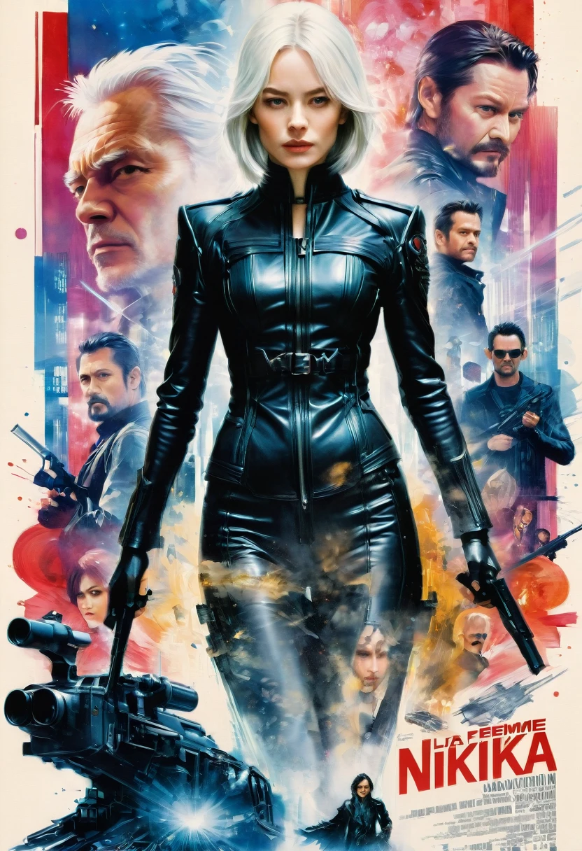 "La Femme Nikita" movie poster, woman clothing, by Dustin Nguyen, best quality, masterpiece, very aesthetic, perfect composition, intricate details, ultra-detailed