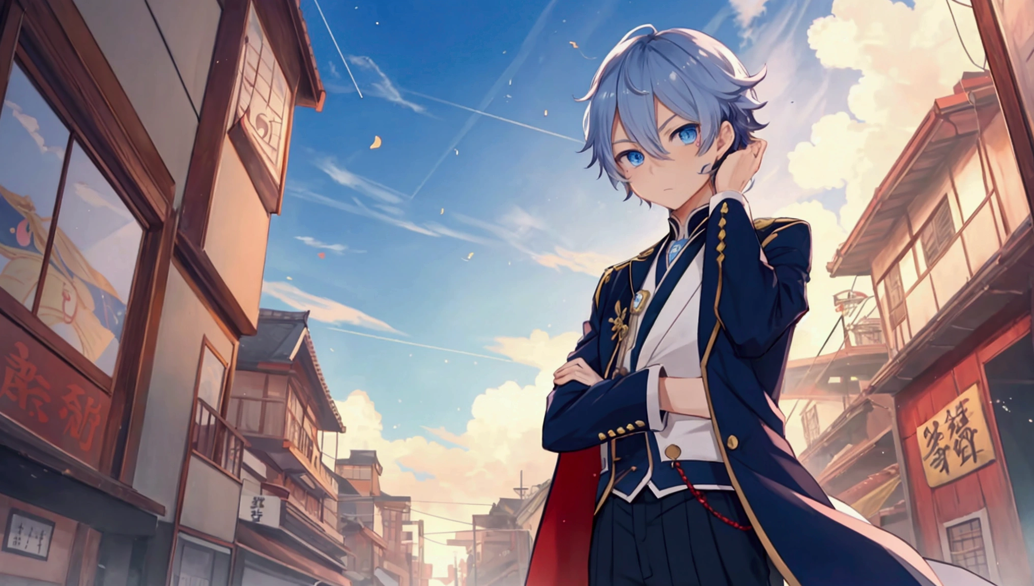attractive, elegant, virtual youtuber, anime boy, blue eyes, (big, clear eyes:1.3), navy hair, inspired by Okumura Masanobu, inspired by Okumura Togyu, Cartoon illustration of a boy, young anime man, Animation Moe Artstyle, male anime character, 2D animation style, illustration, inspired by Okumura Masanobu, inspired by Okumura Togyu, panorama, summer background