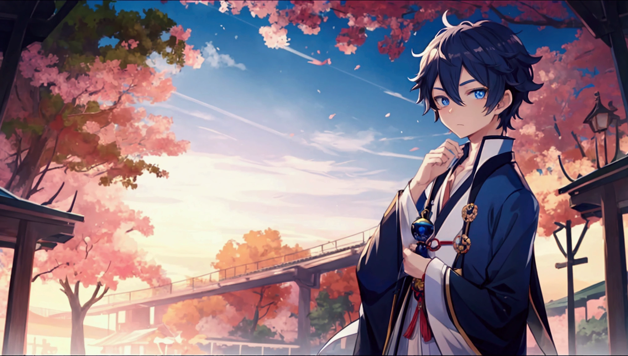 attractive, elegant, virtual youtuber, anime boy, blue eyes, (big, clear eyes:1.3), navy hair,  inspired by Okumura Masanobu, inspired by Okumura Togyu, Cartoon illustration of a boy,  young anime man, Animation Moe Artstyle, male anime character, 2D animation style, illustration, inspired by Okumura Masanobu, inspired by Okumura Togyu, panorama, summer background