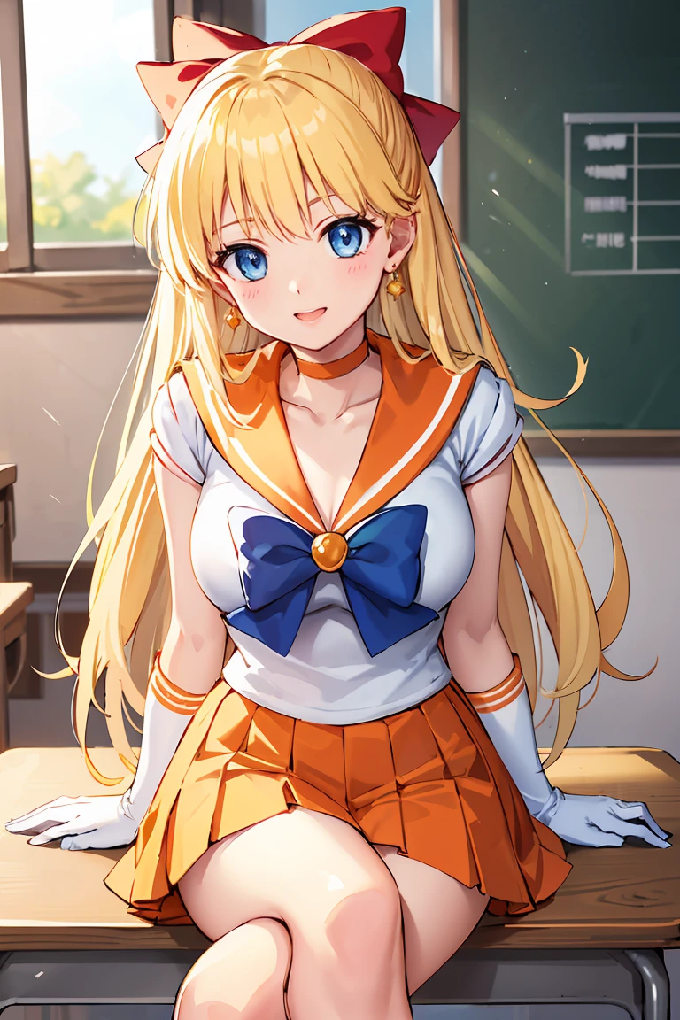 masterpiece, Highest quality, High resolution, Venus 1, One girl, alone, Sailor Warrior Uniforms, Sailor Venus, aino minako, Blonde, Magical girl, blue eyes, Orange Skirt, Elbow hand pockets, tiara, Pleated skirt, Hair Ribbon, Orange sailor collar, mini skirt, choker, Red Bow, orange choker, White gloves, Very long hair, jewelry, Earrings, Sitting, Crossing your legs,The background is a school classroom,smile、