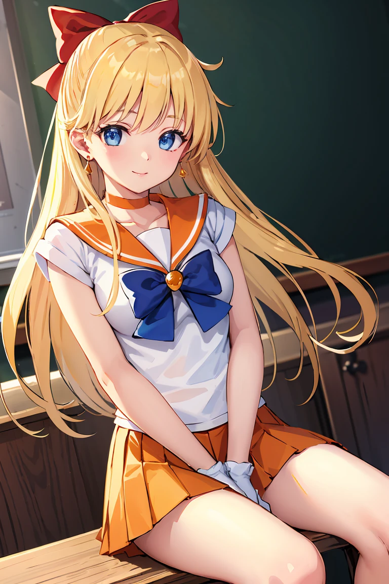 masterpiece, Highest quality, High resolution, Venus 1, One girl, alone, Sailor Warrior Uniforms, Sailor Venus, aino minako, Blonde, Magical girl, blue eyes, Orange Skirt, Elbow hand pockets, tiara, Pleated skirt, Hair Ribbon, Orange sailor collar, mini skirt, choker, Red Bow, orange choker, White gloves, Very long hair,  jewelry,  Earrings, Sitting, Crossing your legs,The background is a school classroom,smile、