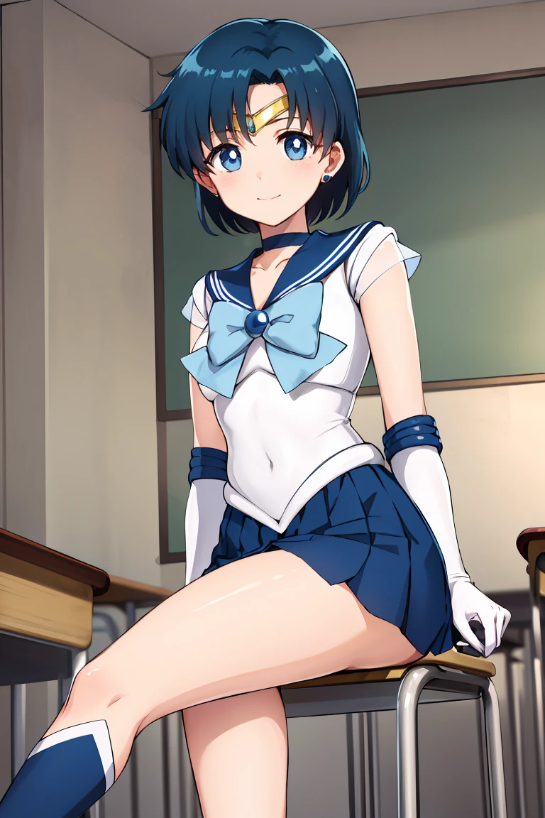 masterpiece, Highest quality, High resolution, Mercury 1, One girl, alone, Sailor Warrior Uniforms, Sailor Mercury, Which is Mizuno, Blue Hair, Magical girl, blue eyes, Blue Skirt, Elbow hand pockets, tiara, Pleated skirt, Hair Ribbon, Blue sailor collar, mini skirt, choker, Blue choker, White gloves, Short Hair, jewelry, Earrings, Sitting, Crossing your legs,The background is a school classroom,smile、