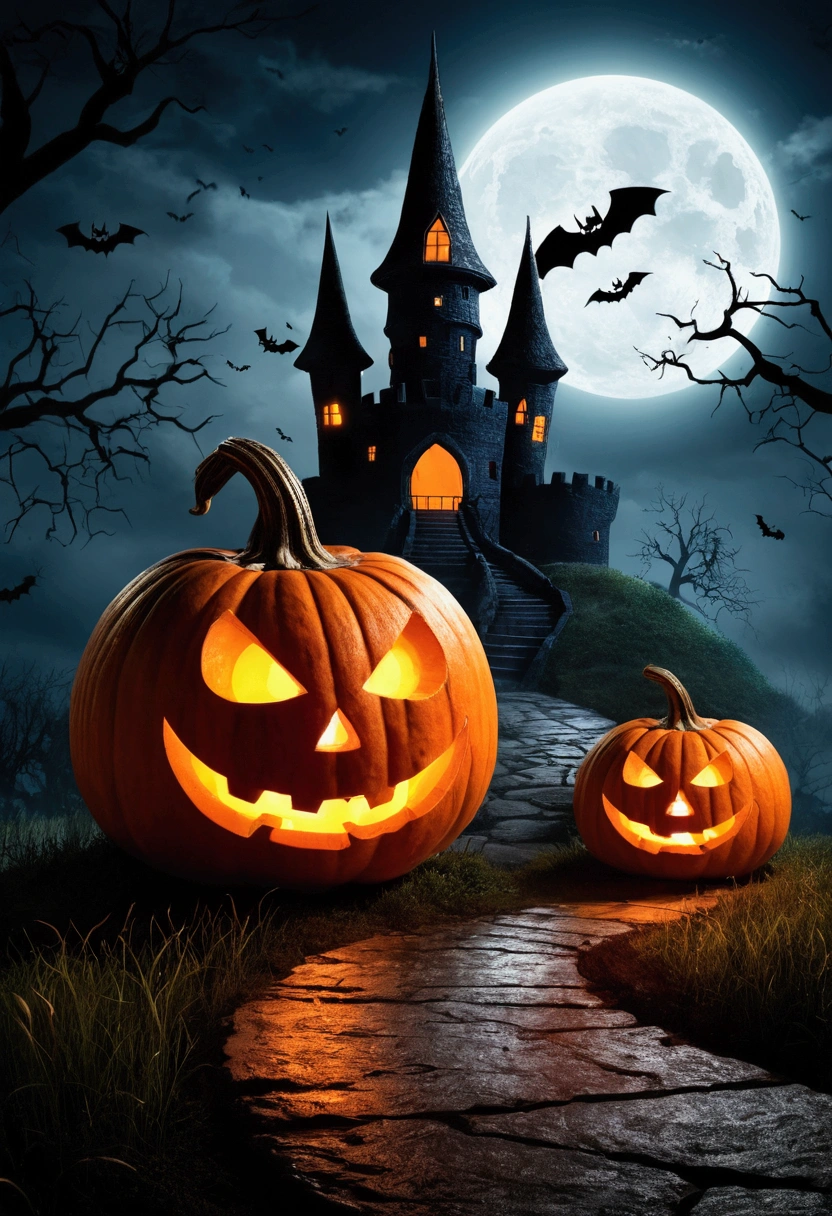 Halloween background with pumpkin and castle, Halloween Celebration, Halloween, Ghostly Halloween Wallpaper, Halloween Theme, Halloween atmosphere, Spooky Halloween fun, Halloweenナイト, Halloween風に, Terrorist》, Horror", creepy themed, Halloween scene, spooky Halloweenナイト, Trick or Treat, ❤🔥🍄🌪, 8k)), Header text"