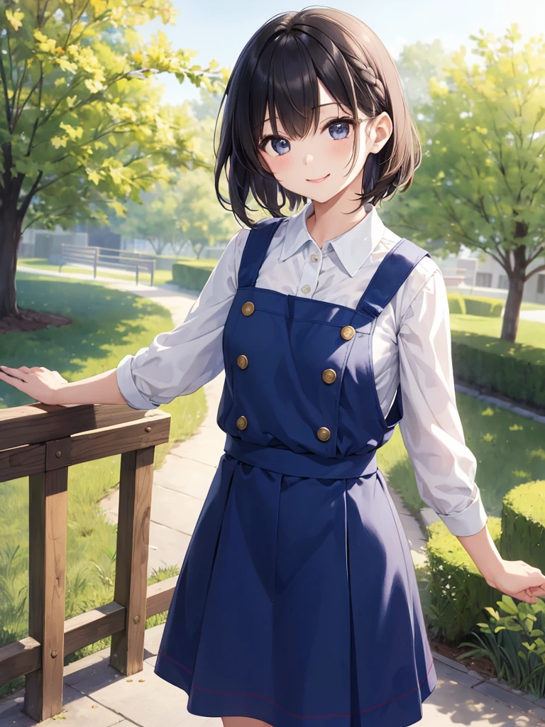 1girl in、AS-Adult、A smile、A delightful! The shirt、skirt by the、(small tits)pinafore、doress、hair adornmentaids)、Spring breeze、