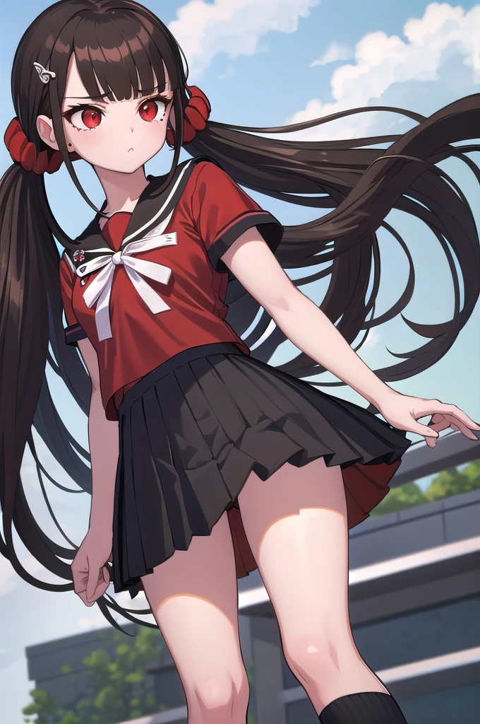 masterpiece, Highest quality, Ultra high definition, Spring Roll, Red eyes, Brown Hair, Low twin tails, Red scrunchie, Mole under the eye, Blunt bangs,Hair Clip, White ribbon, Red Seraph, Black sailor collar, Black Skirt, Pleated skirt, Rolled up my sleeves, Red knee socks, Outdoor,
