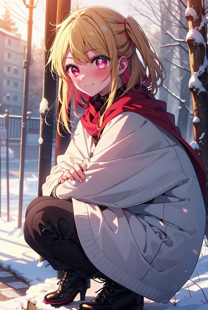 rubyhoshino, Hoshino Ruby, Long Hair, bangs, blonde, (Pink Eyes:1.3), Side Lock, (Symbol-shaped pupil:1.5), Multicolored Hair, Two-tone hair, smile,,smile,blush,white breath,
Open your mouth,snow,Ground bonfire, Outdoor, boots, snowing, From the side, wood, suitcase, Cape, Blurred, , forest, White handbag, nature, Squat, Mouth closed, Cape, winter, Written boundary depth, Black shoes, red Cape break looking at viewer, Upper Body, whole body, break Outdoor, forest, nature, break (masterpiece:1.2), Highest quality, High resolution, unity 8k wallpaper, (shape:0.8), (Beautiful and beautiful eyes:1.6), Highly detailed face, Perfect lighting, Extremely detailed CG, (Perfect hands, Perfect Anatomy),