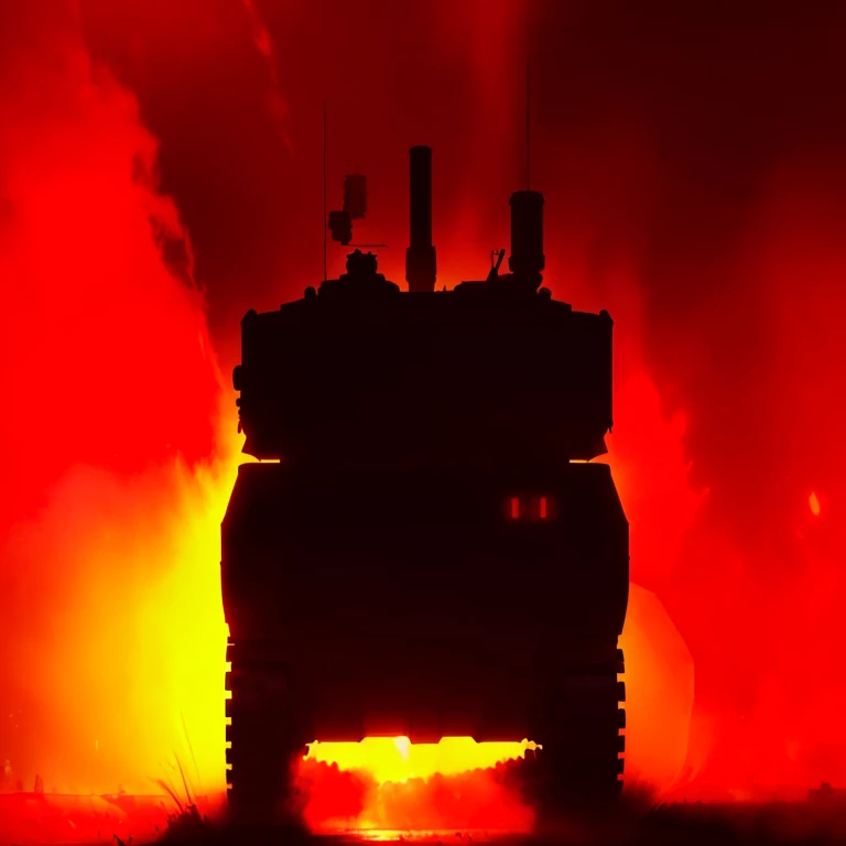 there is a tank that is sitting in the middle of the field, tank, cinematic red lighting, futuristic tank is on fire, lit from below with red lighting, War machine from the gates of hell, detailed red lighting, Video Stills, Red and movie lights, tanks, atmospheric red lighting, m 1 abrams , and dramatic red lights, red lighting