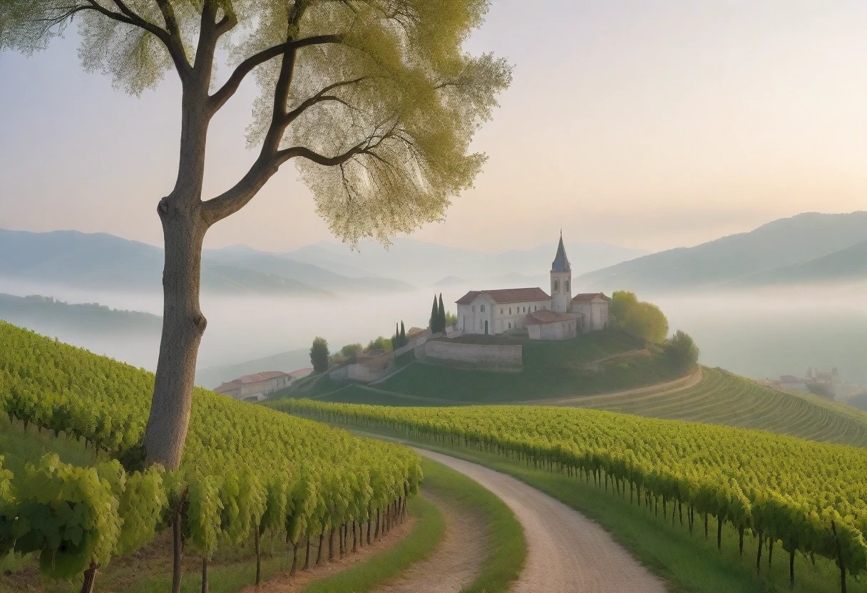 8k best picture quality, Beautiful 36-year-old Korean woman, Chest size 34 inches, northern italy dawn, View of the cathedral next to the vineyards, The back background is realistic and vivid quality., short medium hair, white shirt and cardigan, Wear casual pants, Smile slightly. the background is clear, look up to the side. cottonwood tree-lined hill, A path with a curved end, Looking at a vineyard covered in thick fog