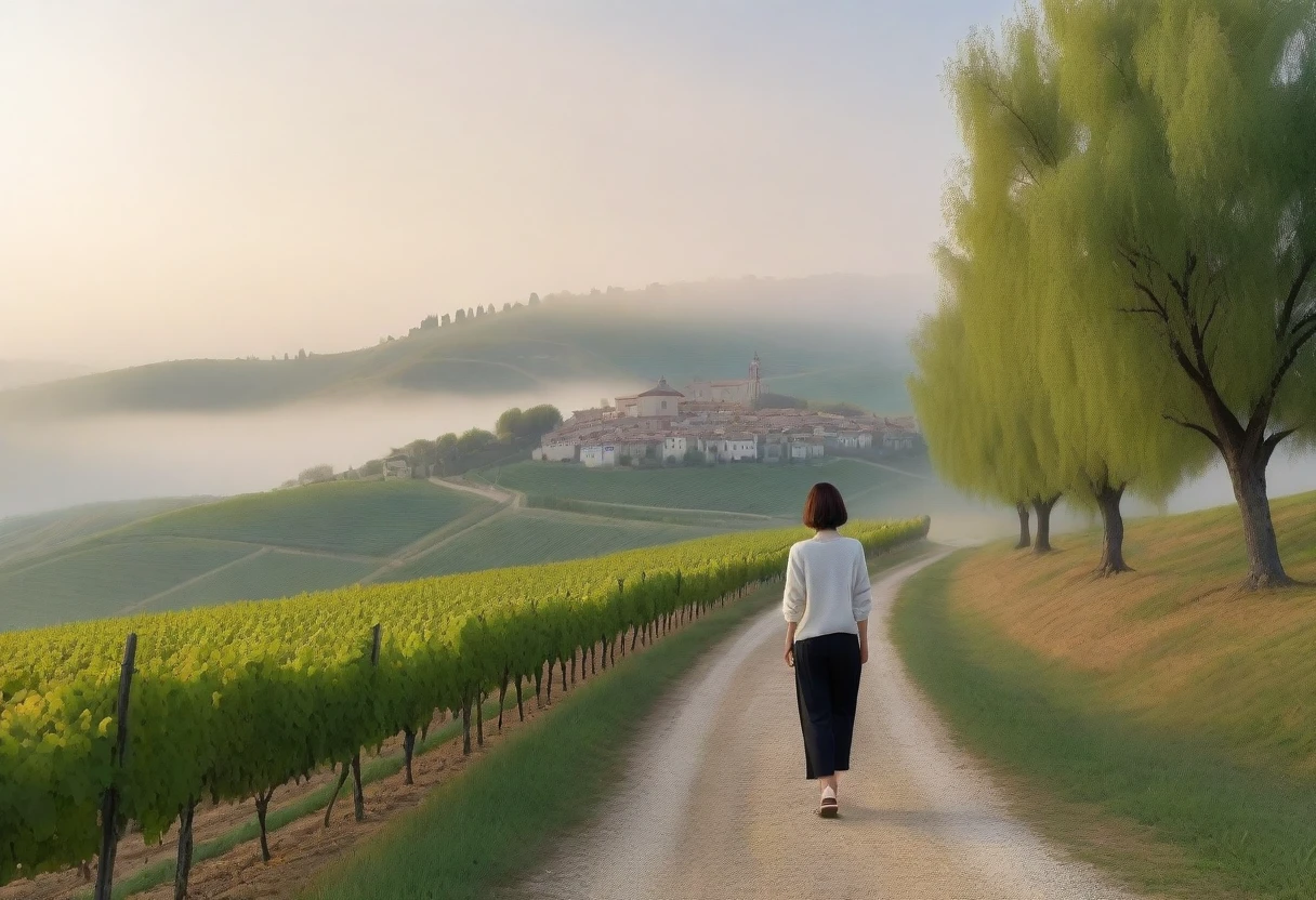 8k best picture quality, Beautiful 36-year-old Korean woman, Chest size 34 inches, northern italy dawn, View of the cathedral next to the vineyards, The back background is realistic and vivid quality., short medium hair, white shirt and cardigan, Wear casual pants, Smile slightly. the background is clear, look up to the side. cottonwood tree-lined hill, A path with a curved end, Looking at a vineyard covered in thick fog