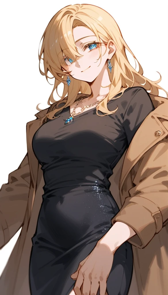 A beautiful woman，Has long blonde hair, The hair is straight (Bangs cover one eye) Kawaii, Bangs cover the right eye and slightly larger chest, Blue Slant Eyes, (Wearing a closed brown coat，A gentle smile on a white background, Her right eye is visible，Eye color, Elegant in black t-shirt with long, Tight black skirt, Right hand holds left hand，Place your left hand on the side of your thigh. Beautiful squinting eyes