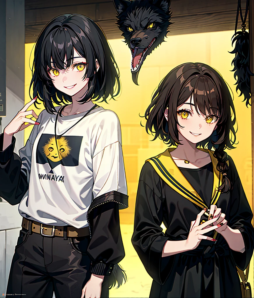 A black werewolf boy with black hair and yellow eyes and a human girl with brown hair and brown eyes together, smiling.