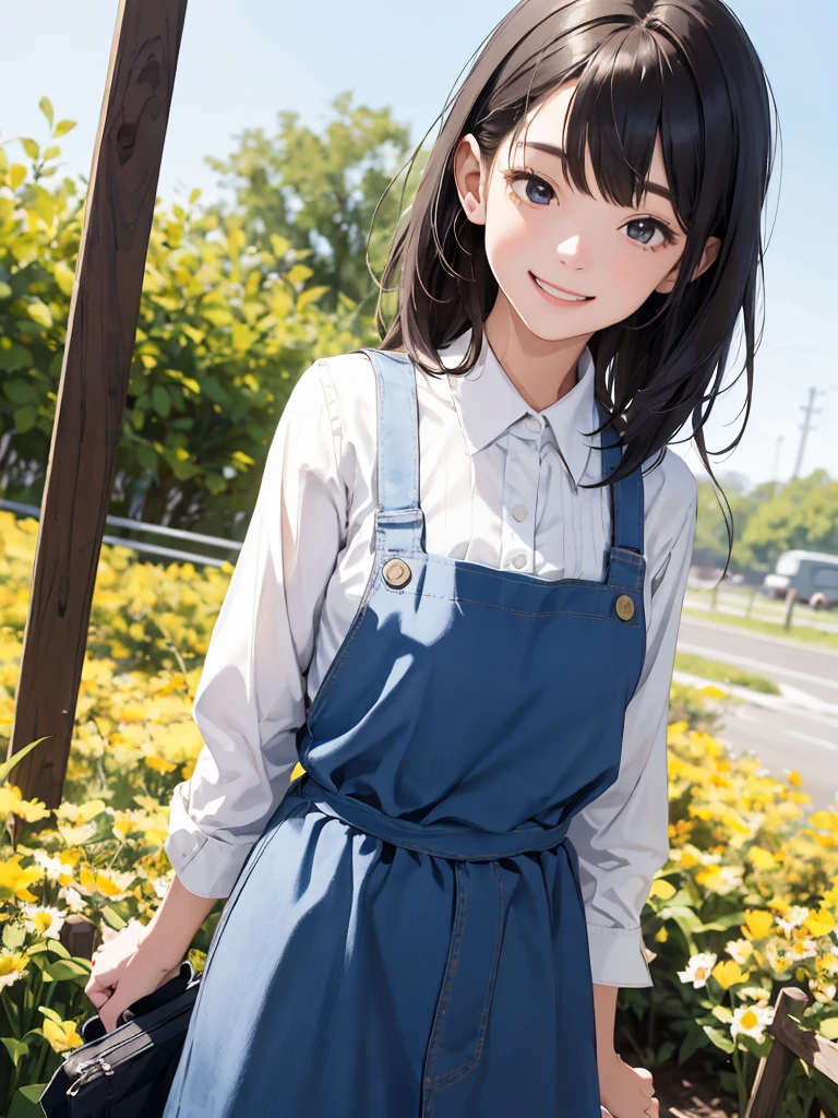1girl in、AS-Adult、A smile、A delightful!　The shirt、skirt by the、（small tits）pinafore、doress、hair adornmentaids）、Spring breeze、