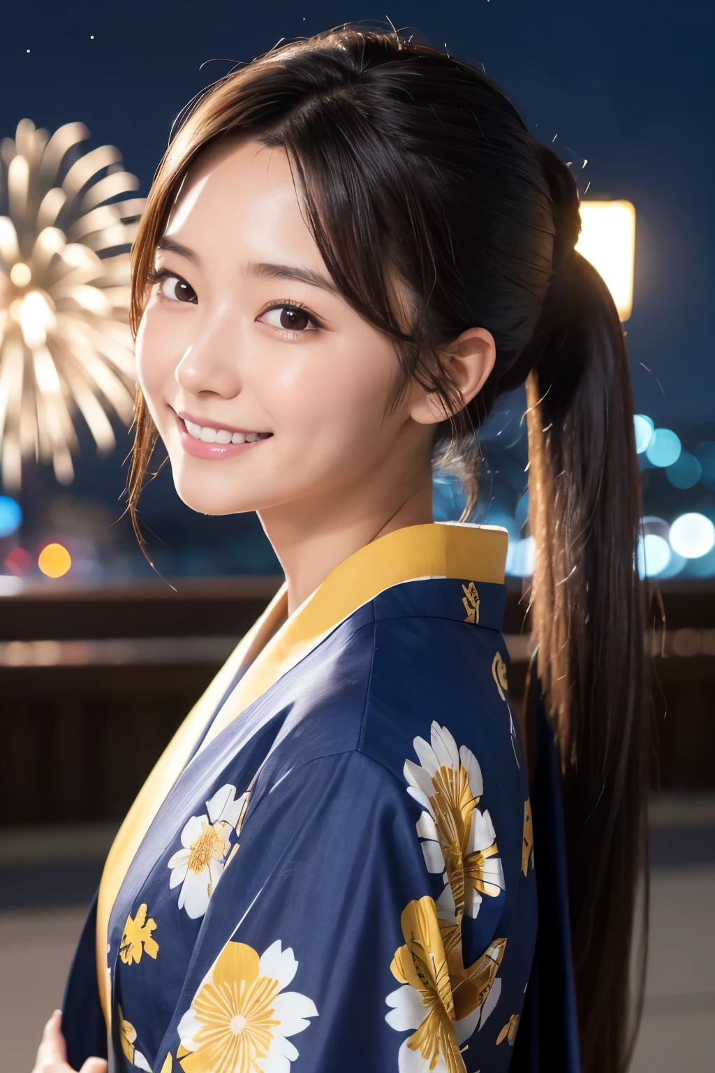 long bright brown-colored hair, hair is tied back in a ponytail, beautiful nape, beautiful white-colored skin just a little sunburned, slendar figure, small mouth, opening mouth a little, small nose, dimples, smooth shaped jawline, a little bit light makeup, smiling, slightly slanted eyes expression, glossy face, wearing a indigo KIMONO with a white and yellow floral pattern printed on it, close-up shoot, angle looking up from below, night scene, fireworks in the background