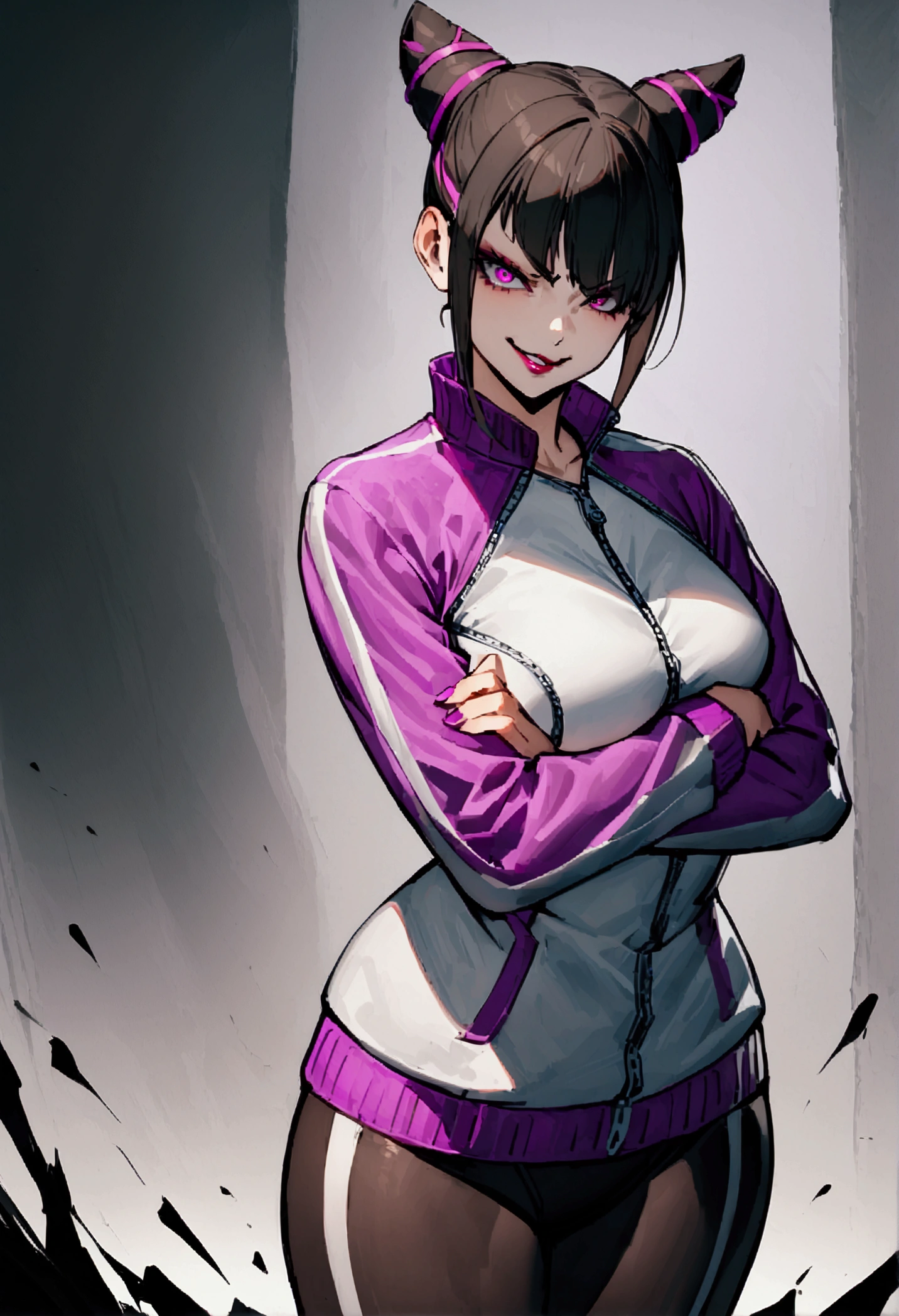 beautiful young fitness woman with , in a gym wearing May with black pantyhose, white and purple fitted gym jacket. standing alone,hair horns,bright purple eyes,Evil smile,legging preto aura roxa,arms crossed eye shadow,whole body,labiaa
