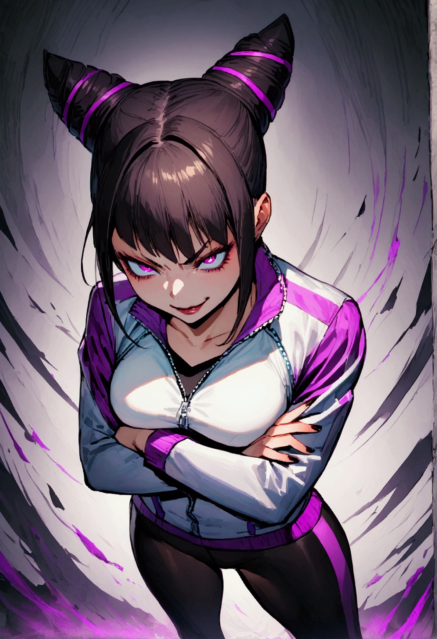 beautiful young fitness woman with , in a gym wearing May with black pantyhose, white and purple fitted gym jacket. standing alone,hair horns,bright purple eyes,Evil smile,legging preto aura roxa,arms crossed eye shadow,whole body,labiaa