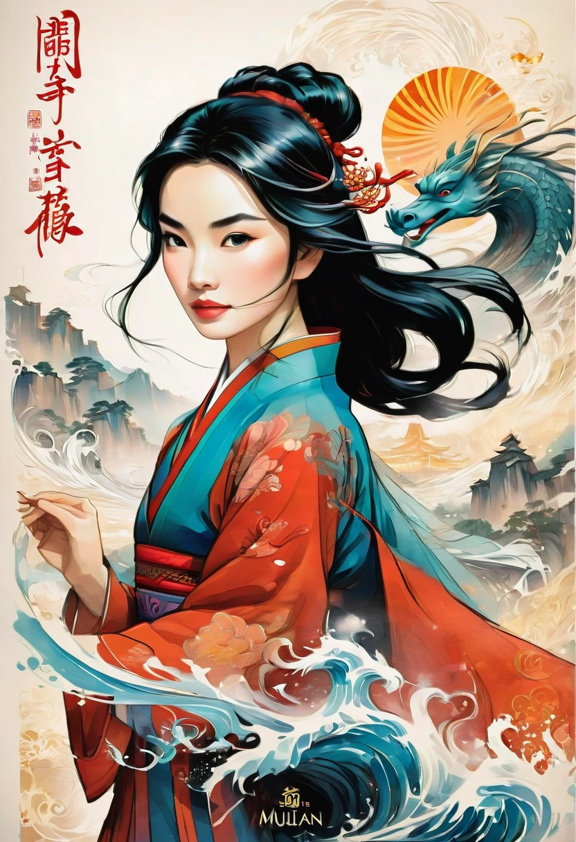 Mulan movie poster, woman clothing, by Dustin Nguyen, best quality, masterpiece, very aesthetic, perfect composition, intricate details, ultra-detailed