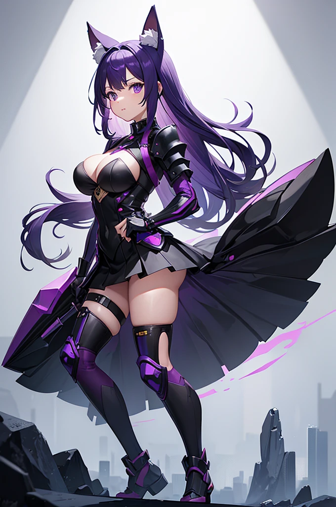 Girl VTuber Purple hair Standing straight from head to toe Animal ears No pose Big breasts Armor Mouth is thick and clear