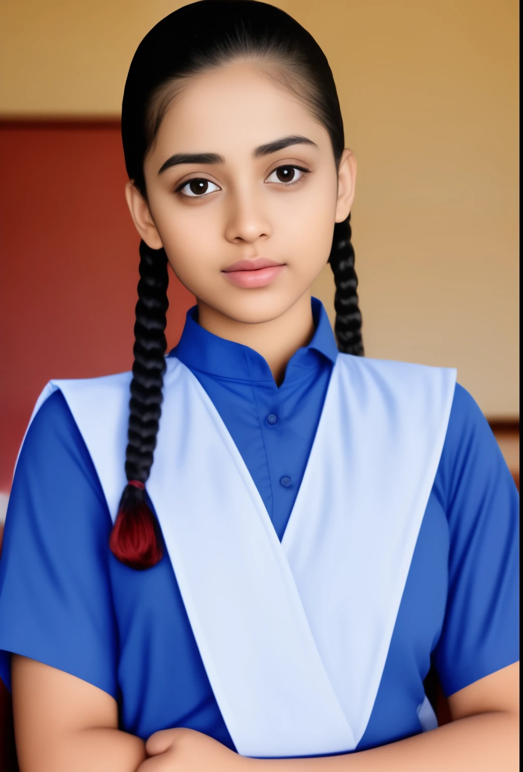 beautiful detailed eyes, beautiful detailed lips, extremely detailed eyes and face, longeyelashes, 1girl, salwar kameez uniform, girl, plait, paying in the classroom, raw photo, photorealistic, high quality, detailed, realistic, vivid colors, studio lighting, masterpiece, 8k