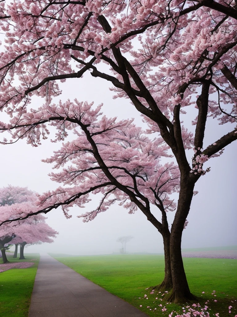 there is a tree with pink flowers in the foggy area, extremely beautiful and ethereal, spring early morning, misty garden, incredibly ethereal, cherry blossom forest, cherry blossom, cherry blossoms, flowers and trees, detailed trees in bloom, cherry blossom tree, cherry tree in the background, by Xie Shichen, by Cheng Jiasui, very ethereal, beautiful!!!!!!!!!