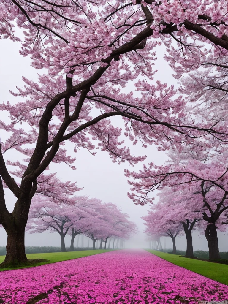 there is a tree with pink flowers in the foggy area, a photo by Cheng Jiasui, flickr, romanticism, extremely beautiful and ethereal, spring early morning, misty garden, incredibly ethereal, cherry blossom forest, cherry blossom, cherry blossoms, flowers and trees, detailed trees in bloom, cherry blossom tree, cherry tree in the background, very ethereal, beautiful!!!!!!!!!