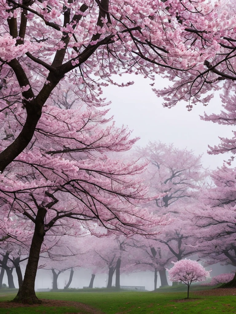 there is a tree with pink flowers in the foggy area, extremely beautiful and ethereal, spring early morning, misty garden, incredibly ethereal, cherry blossom forest, cherry blossom, cherry blossoms, flowers and trees, detailed trees in bloom, cherry blossom tree, cherry tree in the background, by Xie Shichen, by Cheng Jiasui, very ethereal, beautiful!!!!!!!!!