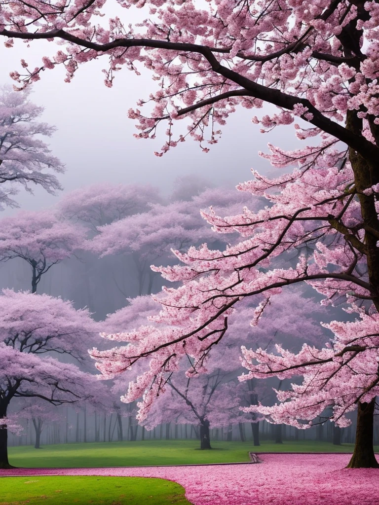 there is a tree with pink flowers in the foggy area, extremely beautiful and ethereal, spring early morning, misty garden, incredibly ethereal, cherry blossom forest, cherry blossom, cherry blossoms, flowers and trees, detailed trees in bloom, cherry blossom tree, cherry tree in the background, by Xie Shichen, by Cheng Jiasui, very ethereal, beautiful!!!!!!!!!