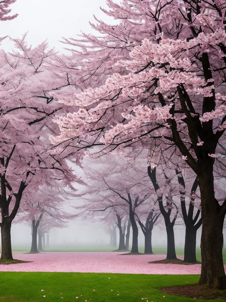 there is a tree with pink flowers in the foggy area, a photo by Cheng Jiasui, flickr, romanticism, extremely beautiful and ethereal, spring early morning, misty garden, incredibly ethereal, cherry blossom forest, cherry blossom, cherry blossoms, flowers and trees, detailed trees in bloom, cherry blossom tree, cherry tree in the background, very ethereal, beautiful!!!!!!!!!