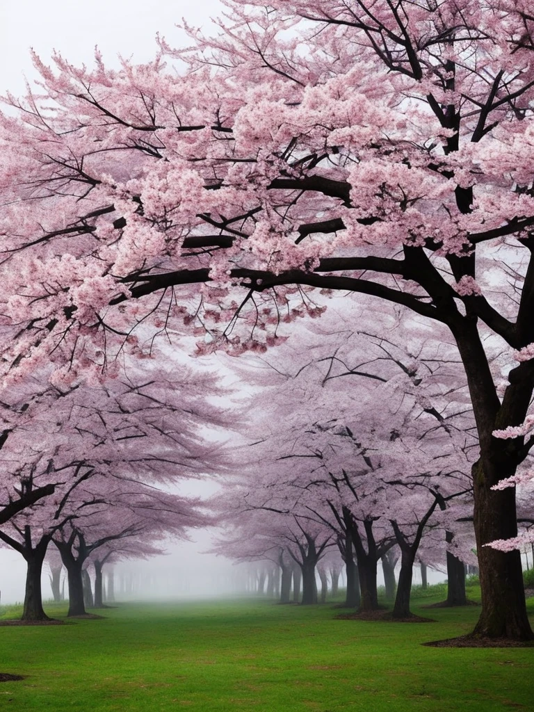 there is a tree with pink flowers in the foggy area, a photo by Cheng Jiasui, flickr, romanticism, extremely beautiful and ethereal, spring early morning, misty garden, incredibly ethereal, cherry blossom forest, cherry blossom, cherry blossoms, flowers and trees, detailed trees in bloom, cherry blossom tree, cherry tree in the background, very ethereal, beautiful!!!!!!!!!