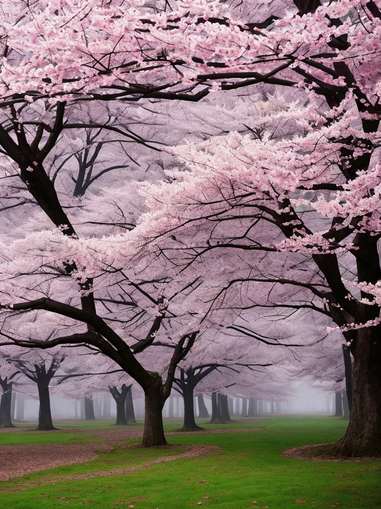 there is a tree with pink flowers in the foggy area, a photo by Cheng Jiasui, flickr, romanticism, extremely beautiful and ethereal, spring early morning, misty garden, incredibly ethereal, cherry blossom forest, cherry blossom, cherry blossoms, flowers and trees, detailed trees in bloom, cherry blossom tree, cherry tree in the background, very ethereal, beautiful!!!!!!!!!